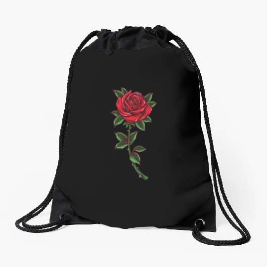 Red rose, Rose stem Drawstring Bags