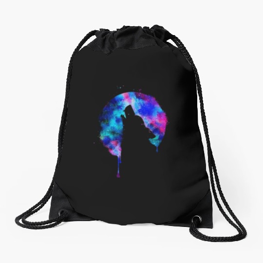 Howling wolf full moon wolves galaxy stars sky Drawstring Bags