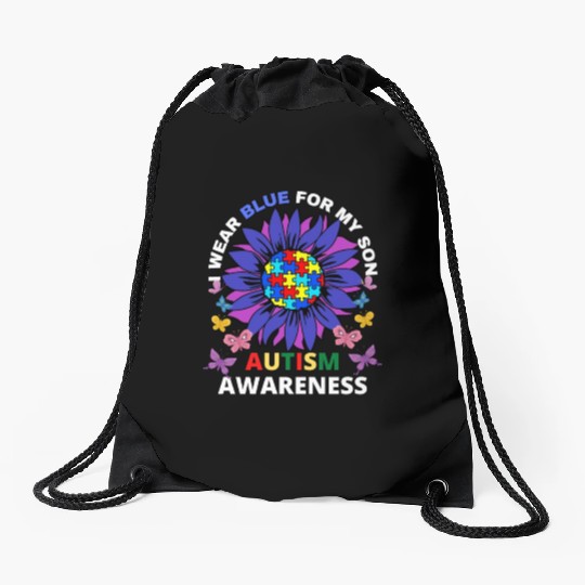 sunflower i wear blue for my son autism awareness Drawstring Bags