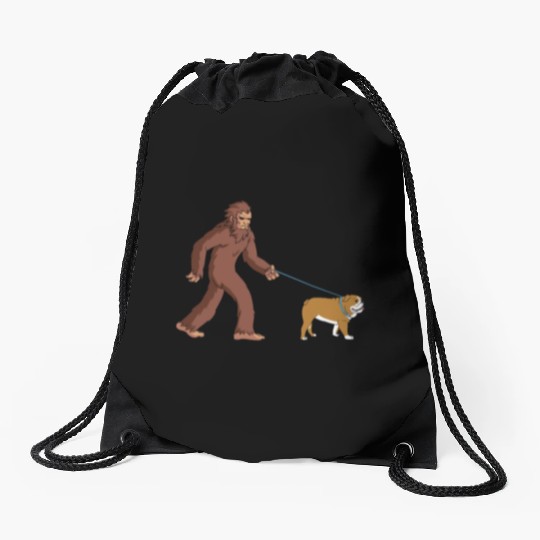 Bigfoot Sasquatch Walking English Bulldog Drawstring Bags