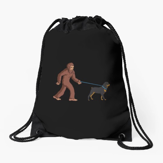 Bigfoot Sasquatch Walking Rottweiler Drawstring Bags
