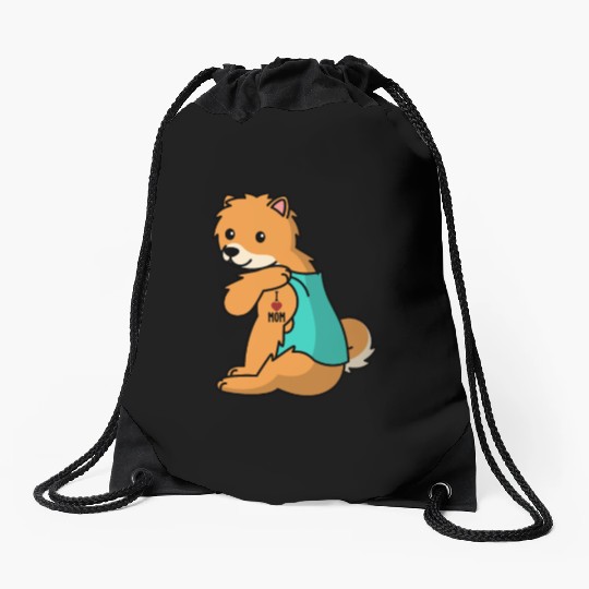 I Love Mom Tattoo Pomeranian Drawstring Bags