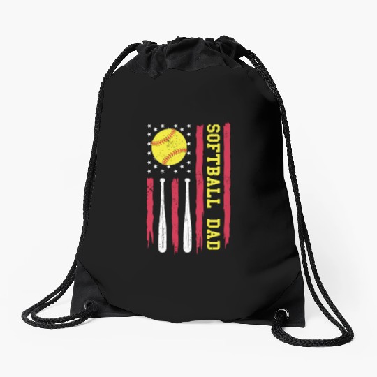 Softball Dad Vintage American Flag Drawstring Bags