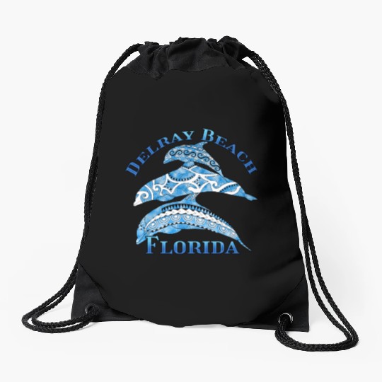 Delray Beach Florida Vacation Tribal Dolphins Drawstring Bags