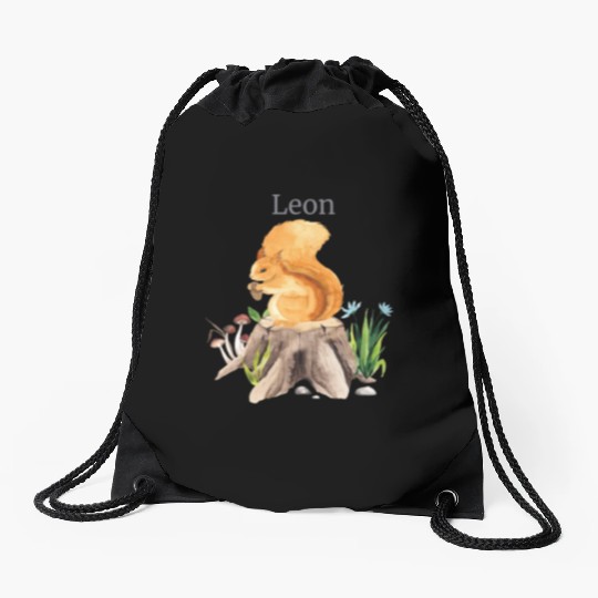 Forest Animal Squirrel Flowers Name Leon Drawstring Bags