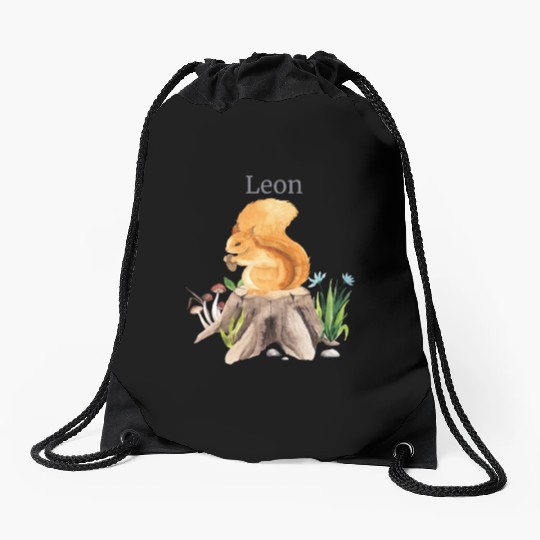Forest Animal Squirrel Flowers Name Leon Drawstring Bags