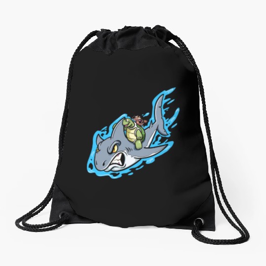 Shark Swims With Turtle And Crab Drawstring Bags