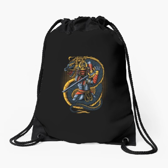 japanese samurai warrior with dragon Drawstring Bags