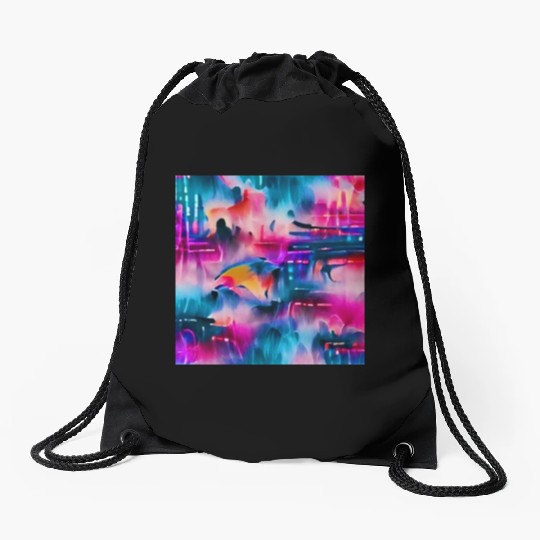 Abstract watercolor pattern in retro neon colors Drawstring Bags