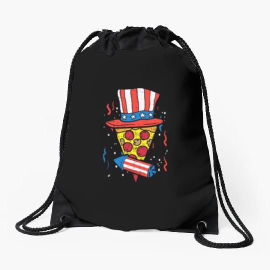 Pizza US Flag Hat Firecracker 4th Of July Food Drawstring Bags