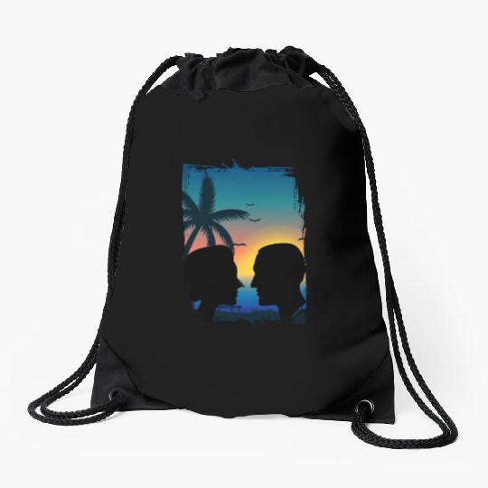 Couples Retro Sunset , Beach, Palm Trees, Vacation Drawstring Bags