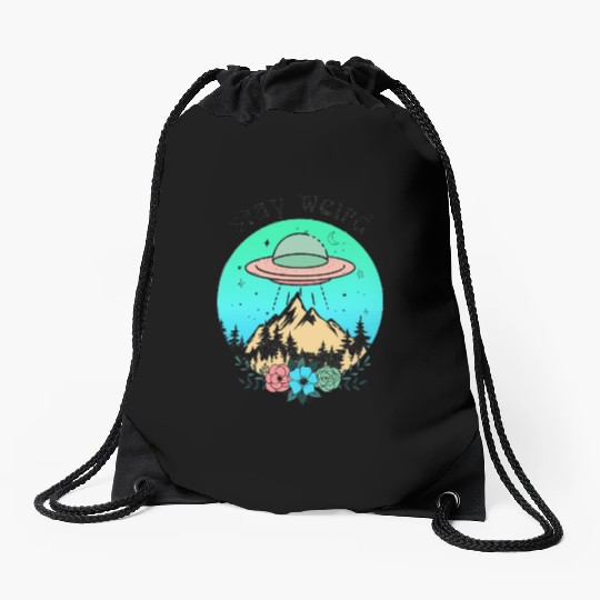 Stay weird UFO art Drawstring Bags