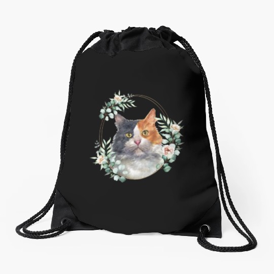 Calico Cat in a Floral Gold Wreath Frame Drawstring Bags