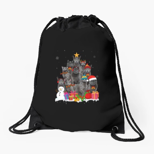 Funny Russian Blue Christmas Tree Pet Cat Lover Drawstring Bags