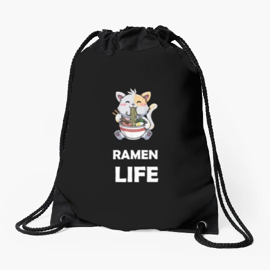 ramen life cat eat Drawstring Bags