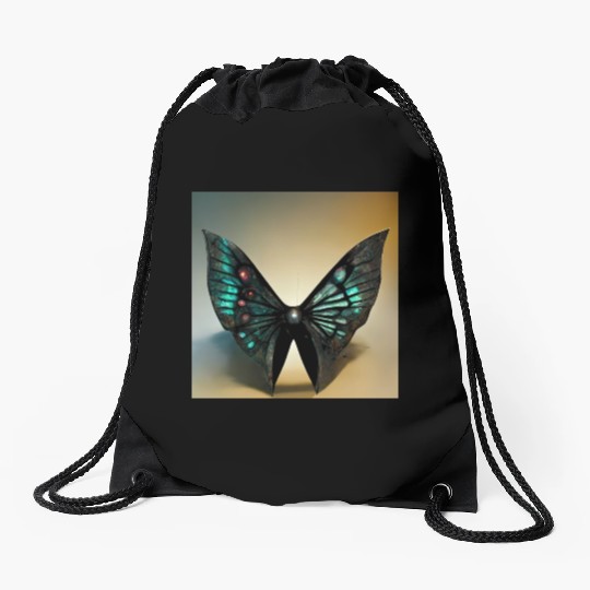 Black and Cyan Metal Butterfly Drawstring Bags
