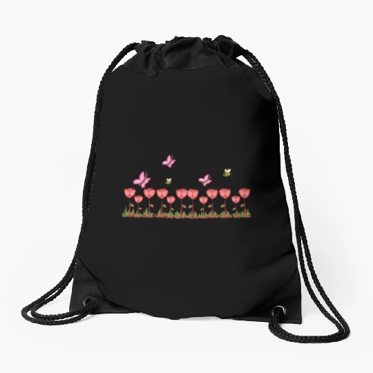 red roses line butterfly nature grass Drawstring Bags