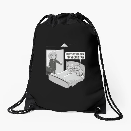 Cheating cheetah Drawstring Bags