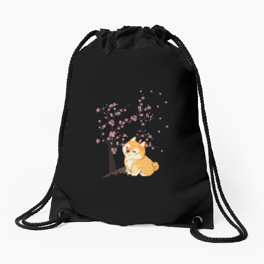 Cute Cherry Blossom Japanese Art Kawaii Shiba Inu Drawstring Bags