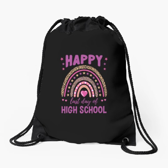 Happy Last Day Of High School Leopard Rainbow Drawstring Bags