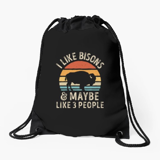 I Like Bisons and Maybe 3 People Retro Sunset Vint Drawstring Bags