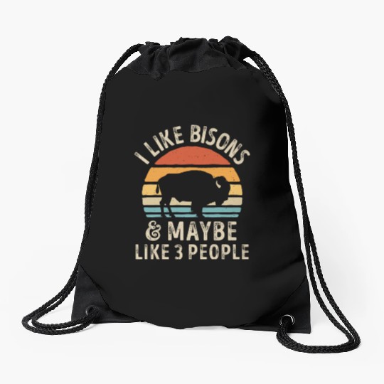 I Like Bisons and Maybe 3 People Retro Sunset Vint Drawstring Bags