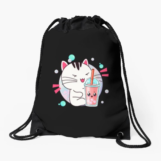 Kawaii Anime Cat Bubble Tea Fan Drawstring Bags