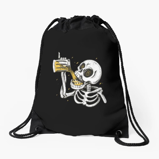 Skeleton drinking beer Drawstring Bags