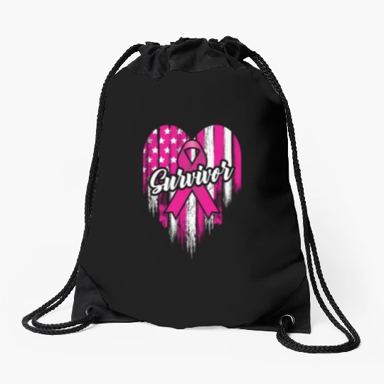 Breast Cancer Survivor Pink Ribbon American Flag Drawstring Bags