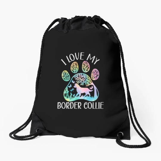 I Love My Border Collie Dog Lover Puppy Paw Love Drawstring Bags
