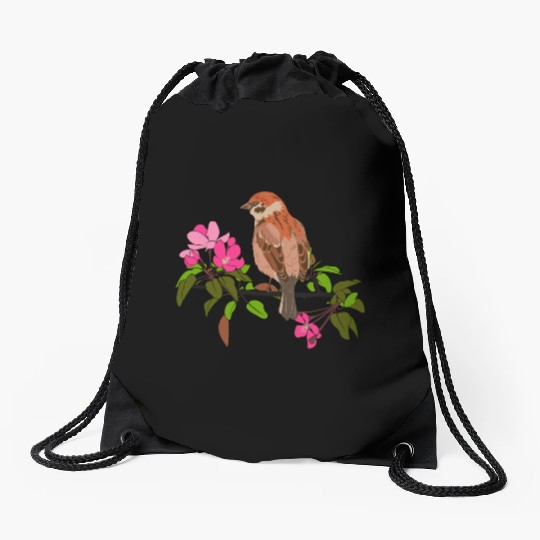 Sparrow on a branch pink flowers of an apple tree Drawstring Bags