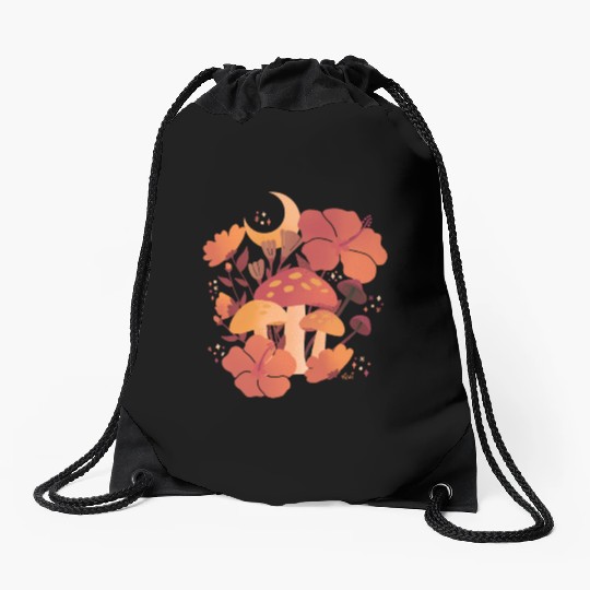 Fall Mushrooms and Hibiscus Floral Nights Drawstring Bags