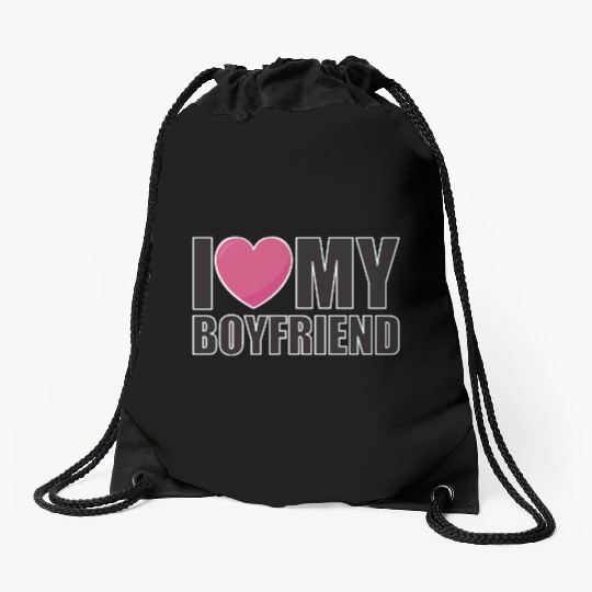 I LOVE MY BOYFRIEND valentinesday couple Drawstring Bags