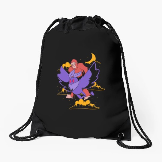 Bigfoot Riding Mothman Funny Cryptozoology Drawstring Bags