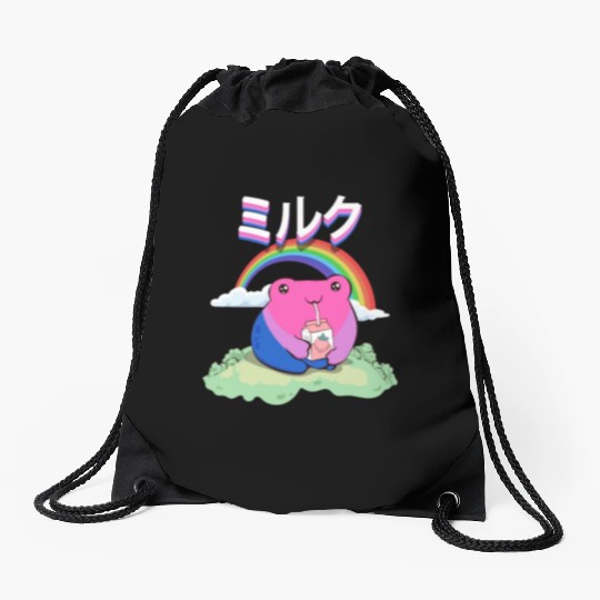 Kawaii Frog Strawberry Milk Bisexual Pride Flag Drawstring Bags