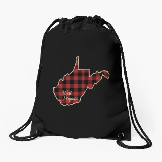 West Virginia Buffalo Plaid Silhouette Home State Drawstring Bags