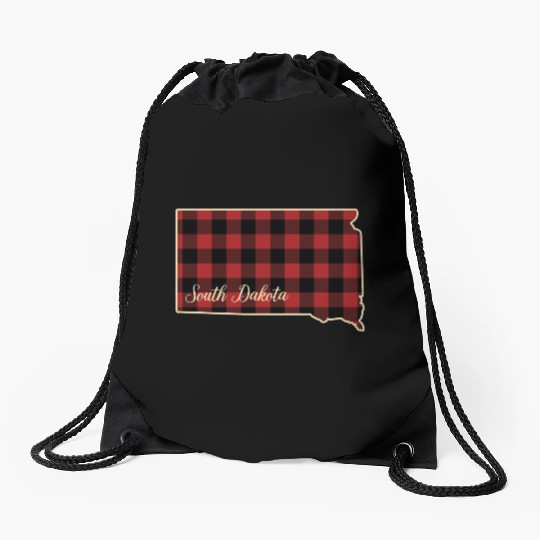 South Dakota Buffalo Plaid Silhouette Home State Drawstring Bags