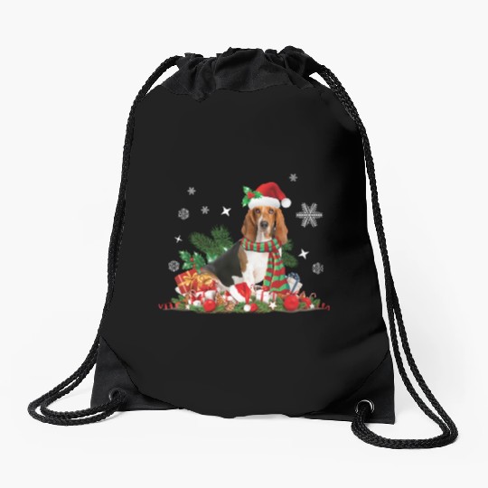 Christmas Basset Hound wearing a Santa Claus Hat Drawstring Bags