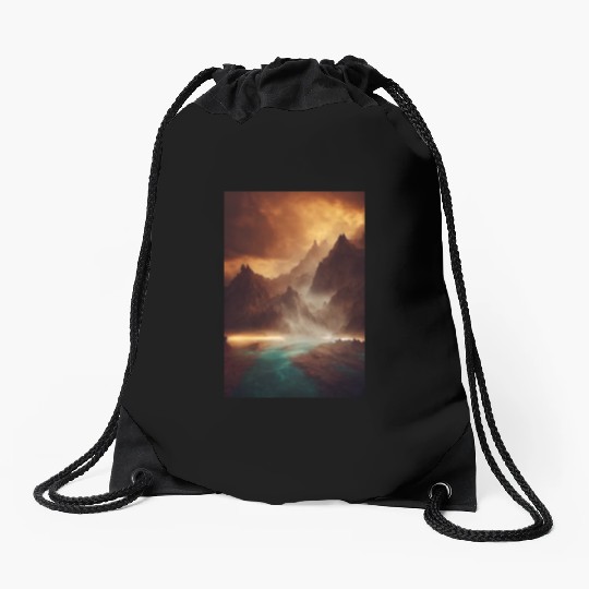 Mountains on a river mystery painting Drawstring Bags