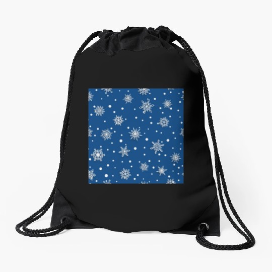 Modern Navy Blue Snowflakes Pattern Drawstring Bags