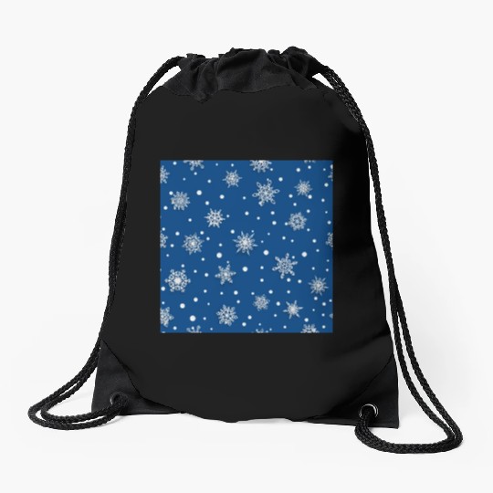 Modern Navy Blue Snowflakes Pattern Drawstring Bags