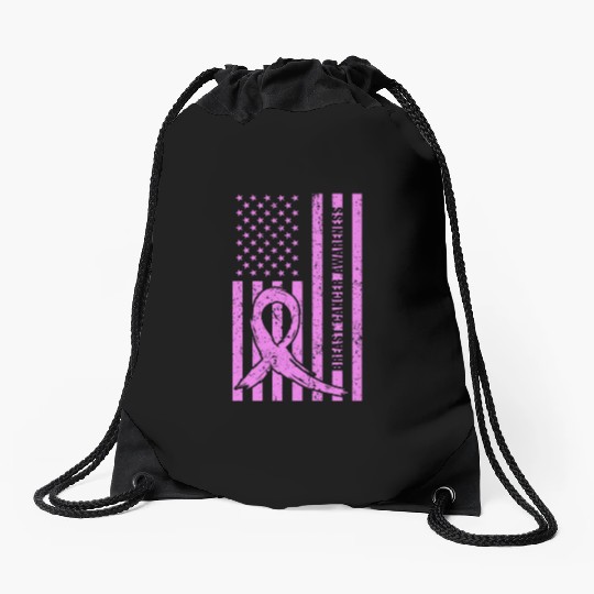 Pink Ribbon Breast Cancer Awareness US Flag Drawstring Bags
