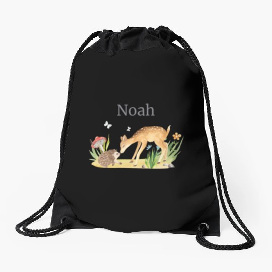 Forest Animal Deer Hedgehog Flowers Name Noah Drawstring Bags