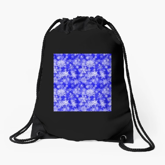 Navy Blue White Snowflakes Pattern Drawstring Bags