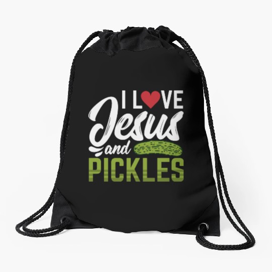 I Love Jesus And Pickles Drawstring Bags