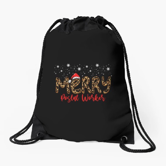 Leopard Print Merry Postal Worker Drawstring Bags