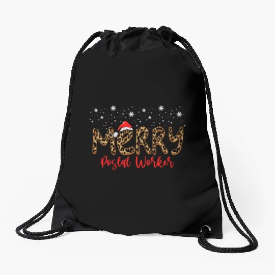 Leopard Print Merry Postal Worker Drawstring Bags