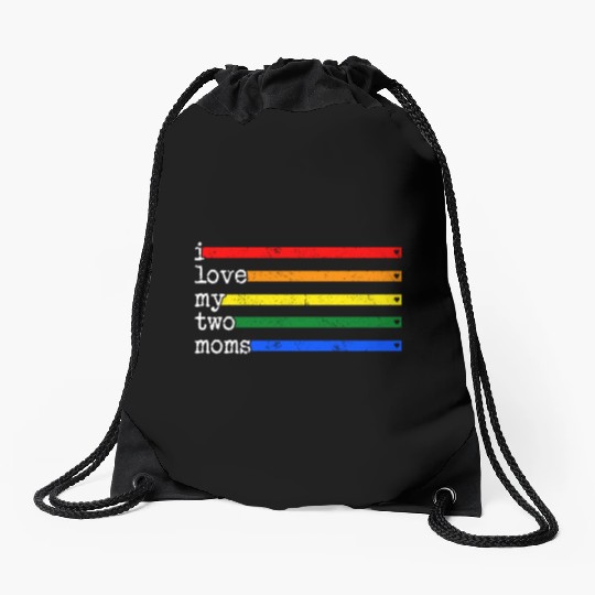 Proud Mom Drawstring Bags, I Love My 2 Moms Rainbow Heart
