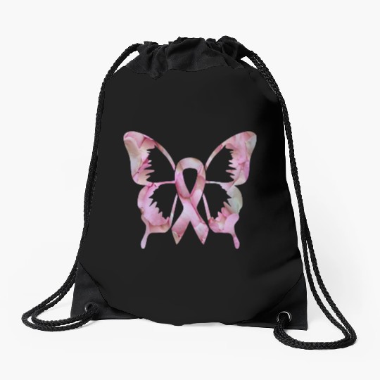 Ribbon Butterfly flower Breast Cancer Awareness Drawstring Bags
