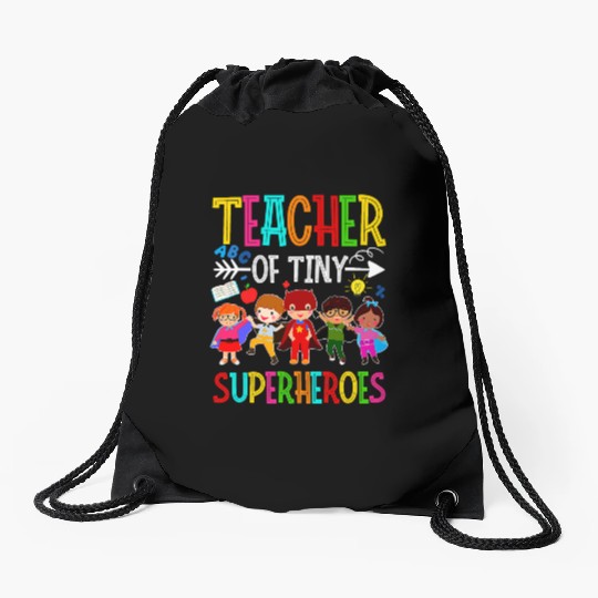 kindergarten prek teacher of tiny superheroes back Drawstring Bags